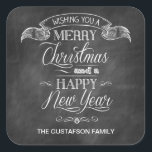 Chalkboard Christmas Wish Quadratischer Aufkleber<br><div class="desc">Auf diesem einzigartigen Weihnachts- und Neujahrsaufkleber im Chalkboard-Stil werden Weihnachten und Feiertage-Grüße angezeigt. Typografie, die wie Kreide auf einer Tafel aussehen soll, wird unter einem Banner angeordnet, um Ihr Bestes zu senden. Passen Sie Ihren eigenen Namen oder Ihre Nachricht unten an. Toll als Geschenk-Tag oder ein Gefallen. Verfügbar mit passenden...</div>