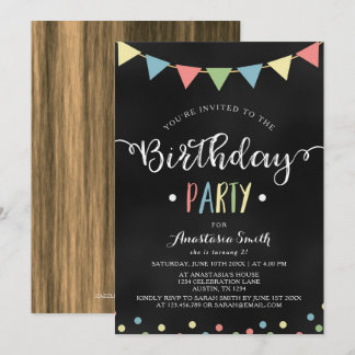 Chalkboard Colorful Bunting Flags Kindergeburtstag Einladung