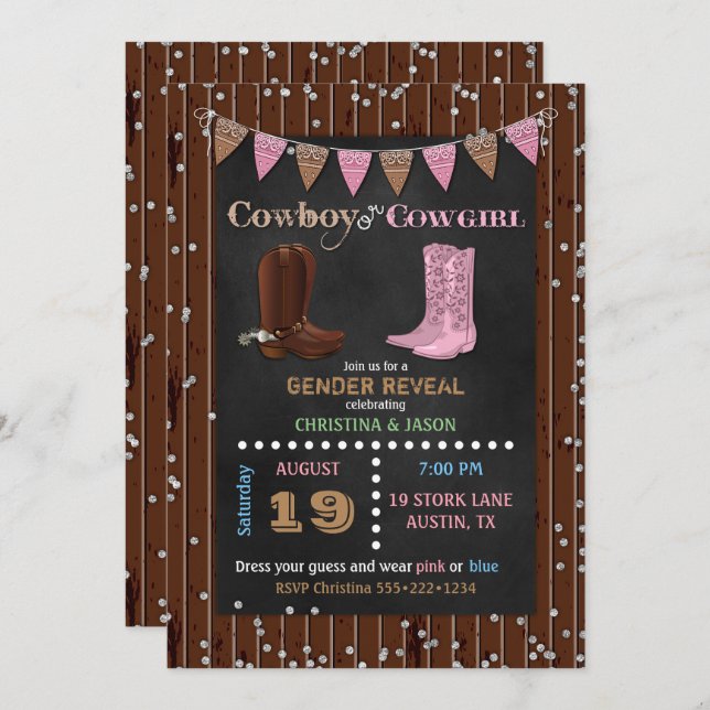 Chalkboard Cowboy oder Cowgirl Western Gender Reve Einladung (Vorne/Hinten)