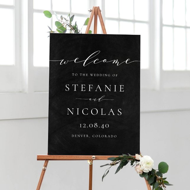 Chalkboard Dainty Script Wedding Willkommenszeiche Poster (Customizable faux chalkboard minimalist script wedding welcome sign)