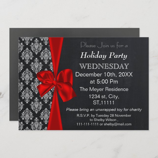 Chalkboard Damast roter Bogen Holiday Party Einlad Einladung (Vorne/Hinten)