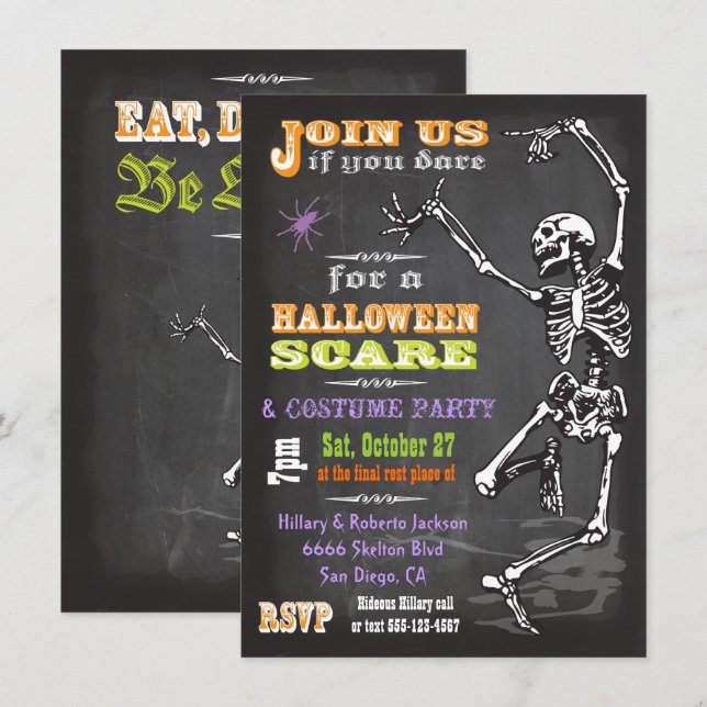 Chalkboard Dancing Skeletton Halloween-Party laden Einladung (Vorne/Hinten)
