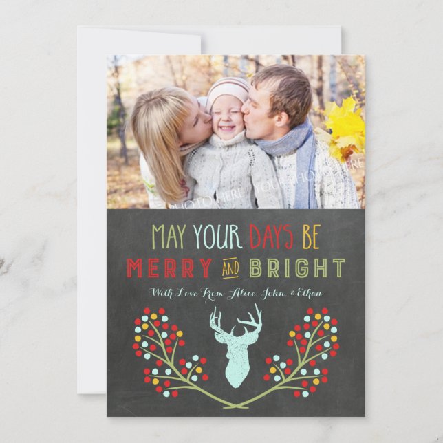 Chalkboard Deer Antlers Blumenweihnachtskarten Feiertagskarte (Vorderseite)
