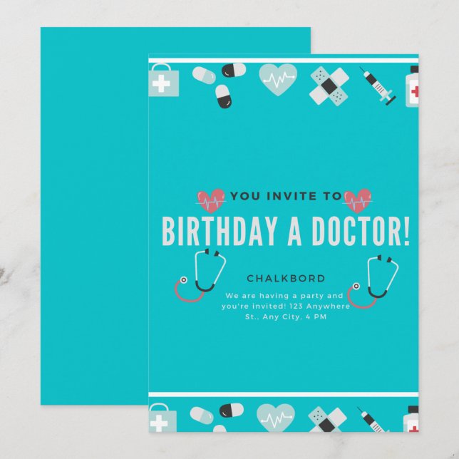 Chalkboard Doc ist am Geburtstag im Arzt Einladung (Vorne/Hinten)