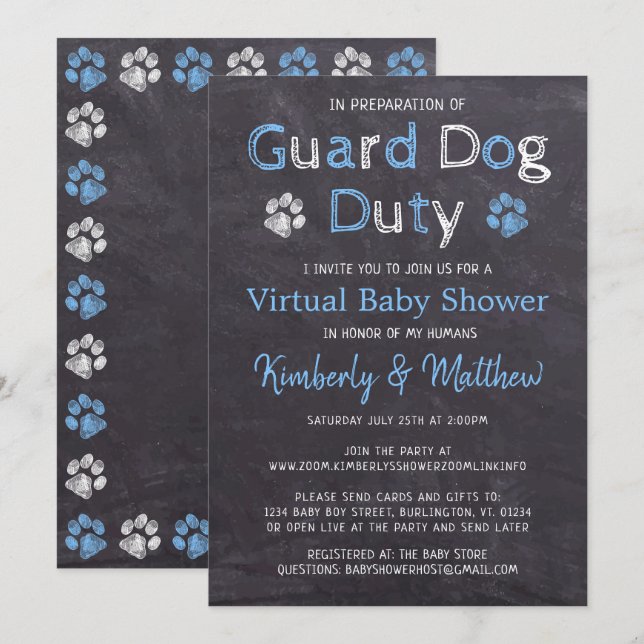 Chalkboard Dog Blue Boy Virtual Baby Dusche Einladung (Vorne/Hinten)