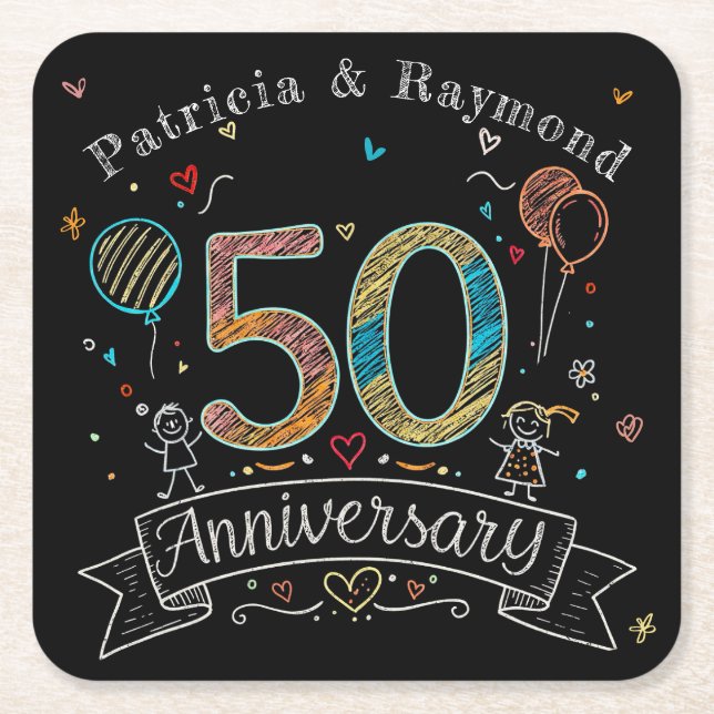 Chalkboard Doodles 50 Jahre Personalisiert Rechteckiger Pappuntersetzer (Vorderseite)