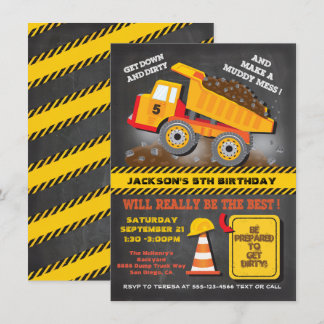 Chalkboard Dump Truck Construction Birthday Party Einladung