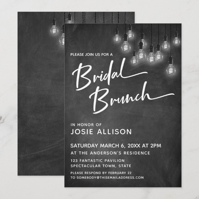 Chalkboard Edison Lights Modern Bridal Brunch Einladung (Vorne/Hinten)