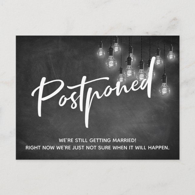 Chalkboard Edison Lights Postponed Wedding Postkarte (Vorderseite)