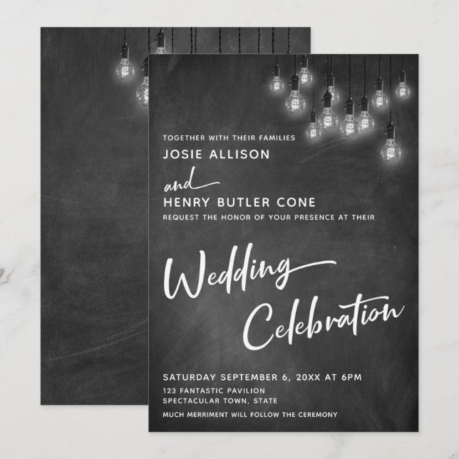 Chalkboard Edison Lights Wedding Einladung (Vorne/Hinten)