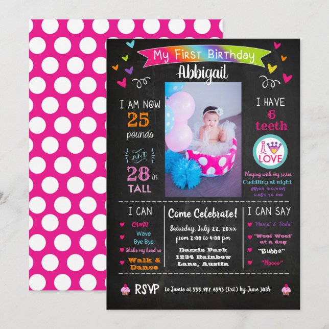 Chalkboard Erster Geburtstag Meilensteine Rainbow Einladung (Vorne/Hinten)