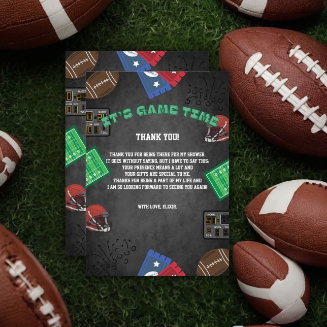 Chalkboard Es ist Game Time Football Baby Shower Dankeskarte (Von Creator hochgeladen)
