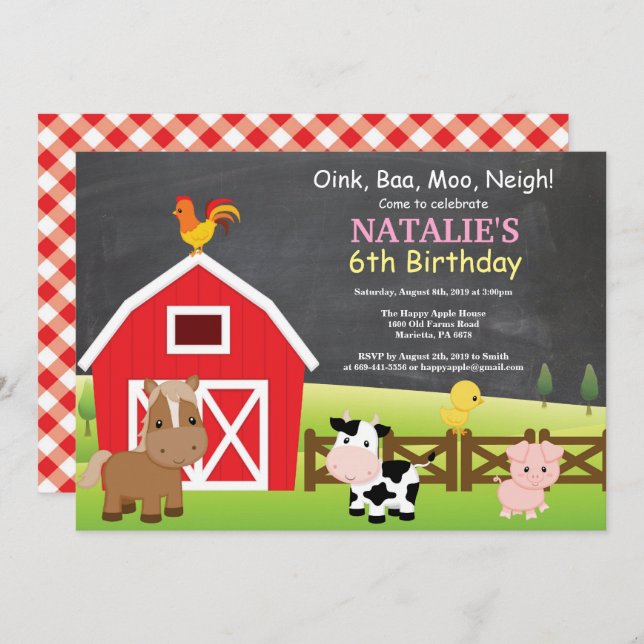 Chalkboard Farm Birthday Invitation Barnyard Party Einladung (Vorne/Hinten)
