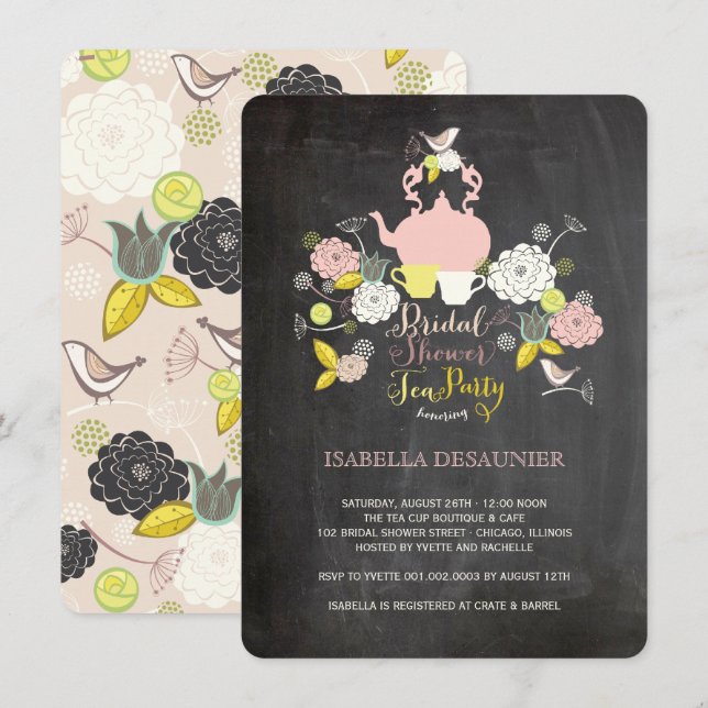 Chalkboard Floral Blooms Bird Brautparty Einladung (Vorne/Hinten)
