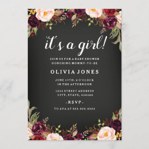 Chalkboard Floral Burgundy Baby Dusche Einladung