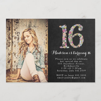 Chalkboard Floral Girls 16. Geburtstagsparty Einla Einladung