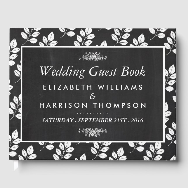 Chalkboard Floral Leaf Wedding Gästebuch (Vorderseite)