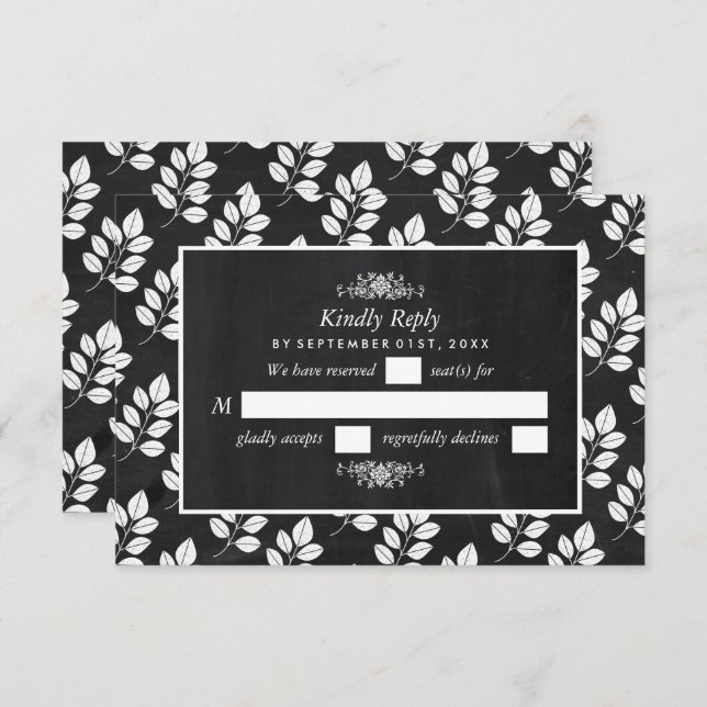 Chalkboard Floral Leaf Wedding RSVP Karte (Vorne/Hinten)
