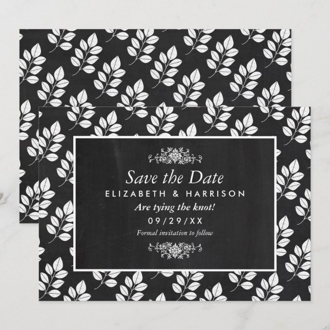 Chalkboard Floral Leaf Wedding Save The Date (Vorne/Hinten)