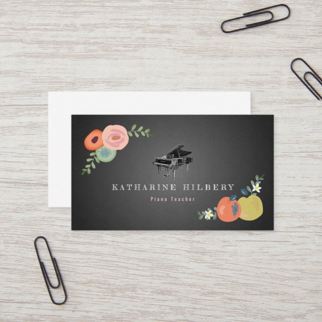 Chalkboard Floral PianoTeacher Business Card Visitenkarte (Vorderseite/Rückseite Beispiel)