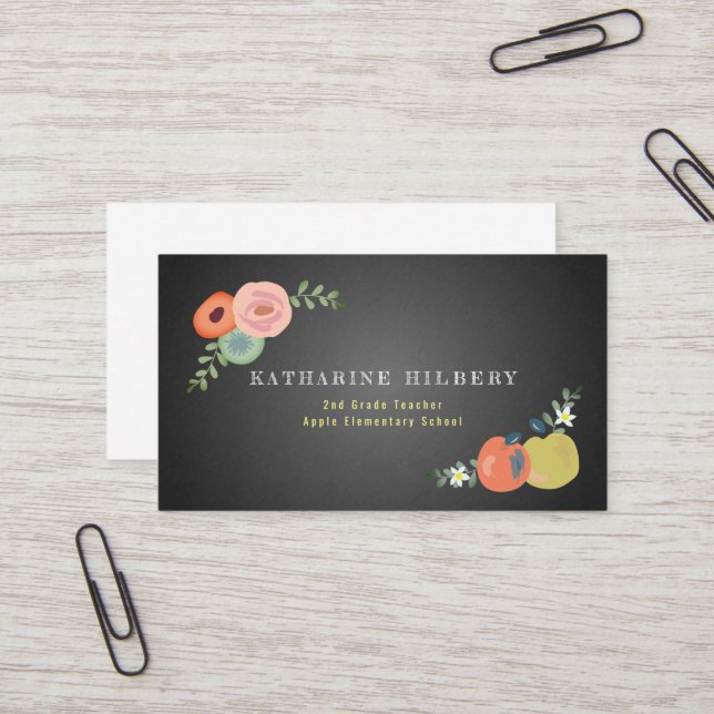 Chalkboard Floral Rose Apple Teacher Business Card Visitenkarte (Vorderseite/Rückseite Beispiel)