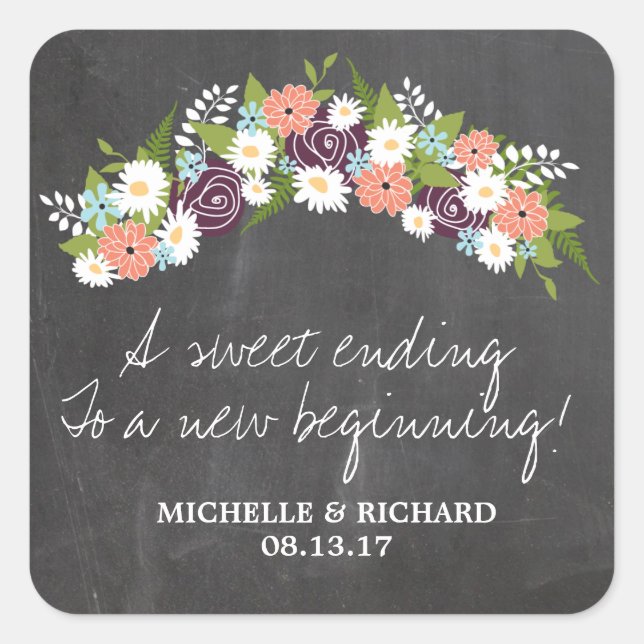 Chalkboard Floral Wreath Wedding Quadratischer Aufkleber (Vorderseite)
