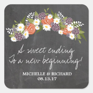 Chalkboard Floral Wreath Wedding Quadratischer Aufkleber