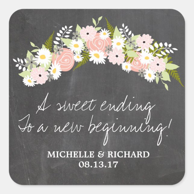 Chalkboard Floral Wreath Wedding Quadratischer Aufkleber (Vorderseite)