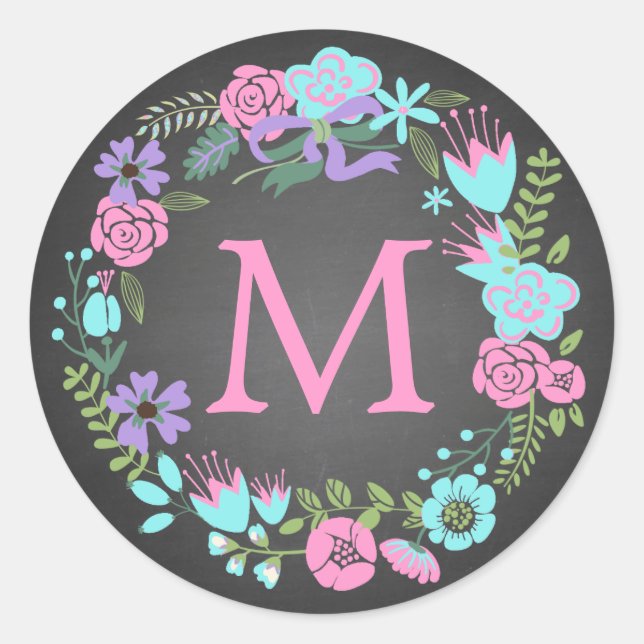 CHALKBOARD FLORALKETTEN-MONOGRAMM-ETIKETTEN RUNDER AUFKLEBER (Vorderseite)