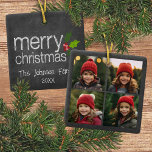 Chalkboard Foto Collage Frohe Weihnachtsfeier Keramikornament<br><div class="desc">Ein einfaches und modernes Design,  das Ihre Fotos hervorhebt. Wenn Sie Probleme mit Ihrem Bild oder Text haben,  klicken Sie auf die Schaltfläche Anpassen und Sie können Dinge verschieben und Änderungen vornehmen.</div>