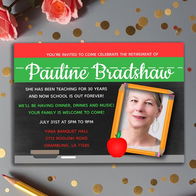 Chalkboard Foto Lehrer Altersversorgung Party Einladung (Chalkboard Photo Teacher Retirement Party Invitation
)