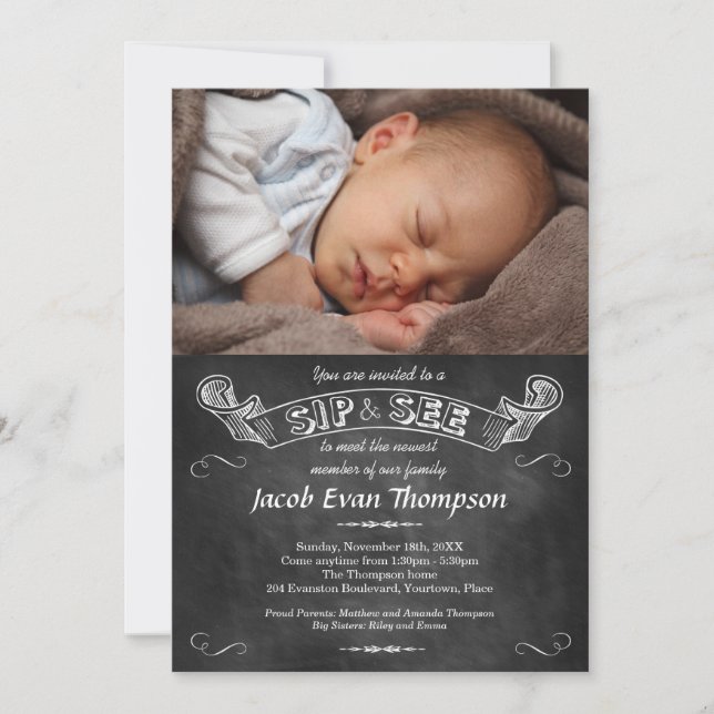 Chalkboard Foto Sip and See Party Einladung (Vorderseite)