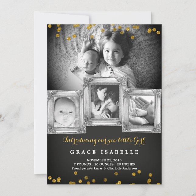 Chalkboard Frame Confetti Baby Geburtsankündigung Ankündigung (Vorderseite)