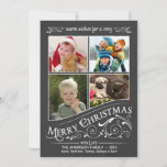 Chalkboard Frohe Weihnachten 4-Foto Flat Card<br><div class="desc">Mattierte Fensterscheibe Weihnachtsfeiertag flache Grußkarten mit vier Fotorahmen. Frische und festliche Retro-Tafel auf traditionellem schwarzen Hintergrund mit extravaganten heiligen Schriftrollen und rustikalen altmodischen typografischen Schriftzügen mit wirlem Schriftzeichen. Klicken Sie auf Anpassen, um den Innenrahmen für unterschiedliche Fotos oder ungerade Formen anzupassen. Fügen Sie Ihre Lieblings-Ferien Familie Fotos und passen Sie...</div>