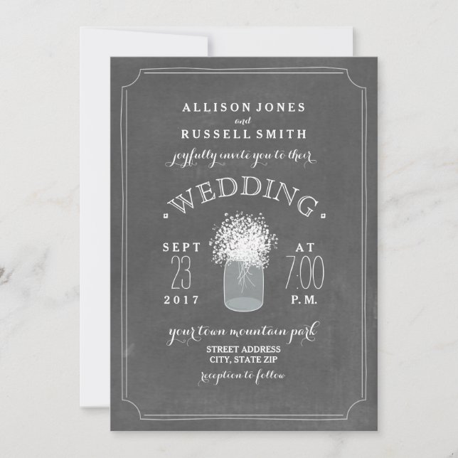 Chalkboard & Gipskraut Mason Jar Wedding Einladung (Vorderseite)