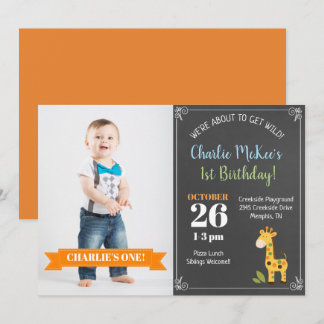 Chalkboard Giraffe Trendy Birthday Foto Einladung