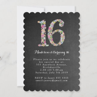 Chalkboard Girls Floral 16. Geburtstagsparty Einla Einladung