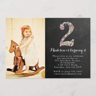 Chalkboard Girls Floral 2. Geburtstag Party Einlad Einladung