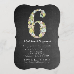 Chalkboard Girls Floral 6. Geburtstagsparty Einlad Einladung
