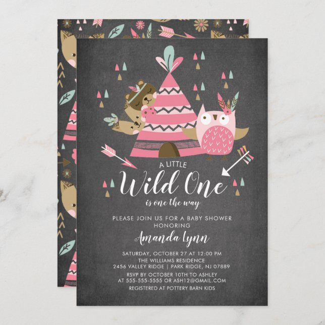 Chalkboard Girls Wild One Baby Shower Einladung (Vorne/Hinten)