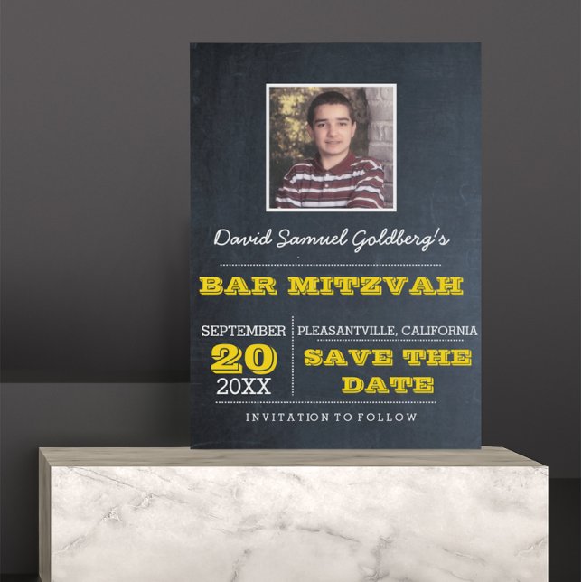 Chalkboard Gold Bar Mitzvah Foto Save the Date Ankündigungspostkarte (Von Creator hochgeladen)
