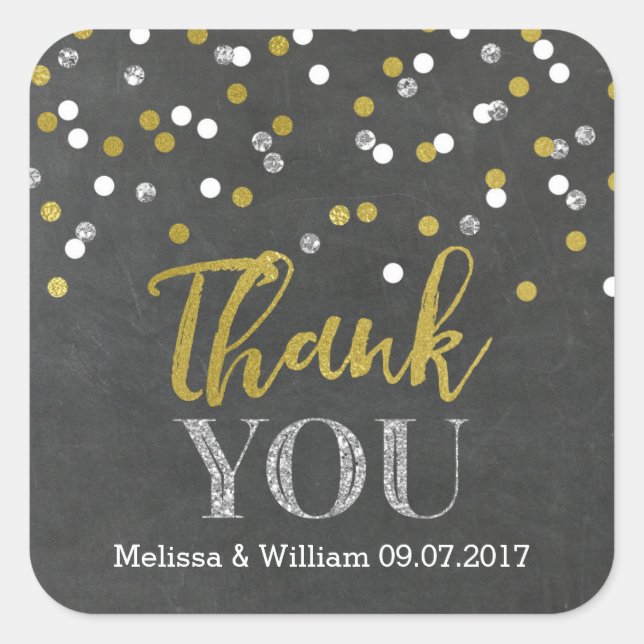 Chalkboard Gold Confetti Gastgeschenk Hochzeit Tag Quadratischer Aufkleber (Vorderseite)