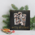 Chalkboard & Gold Frohe Weihnachtsfeiertage Foto Feiertagskarte<br><div class="desc">Es ist die schönste Zeit des Jahres! Diese moderne Fotokarte verfügt über drei Foto Streifen mit je drei Fotos, mit Imitaten mit goldfarbenem und weißem Waschband. Unten steht "fröhliche Weihnachten" in einem handgeschriebenen Skript mit Ihrem Familiennamen und dem Jahr. Oben gibt es Imitate Gold Glitzer Konfetti. Diese Karten verwandeln sich...</div>