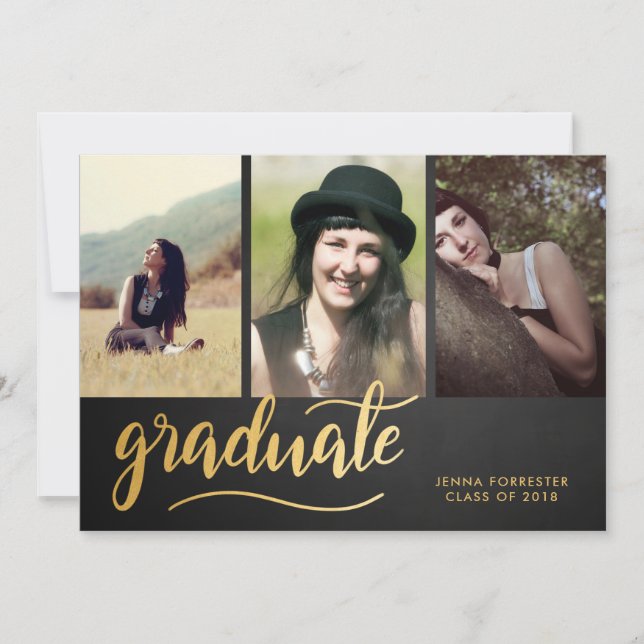 Chalkboard Gold Graduate Script| Drei Foto Einladung (Vorderseite)