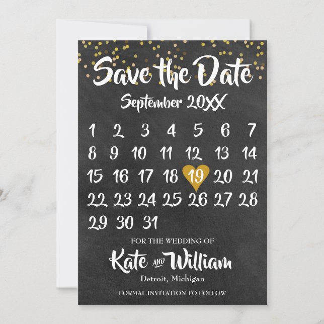 Chalkboard Gold Liebe Herzkalender Save the Date (Vorderseite)