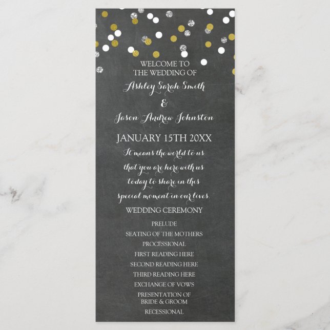 Chalkboard Gold Silver Confetti Wedding Programm (Vorderseite)