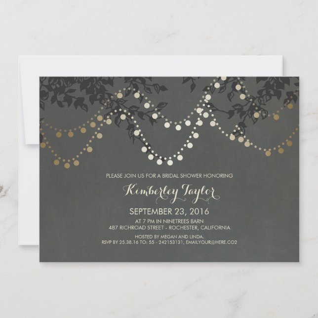 Chalkboard Gold String Lights Brautparty Einladung (Vorderseite)