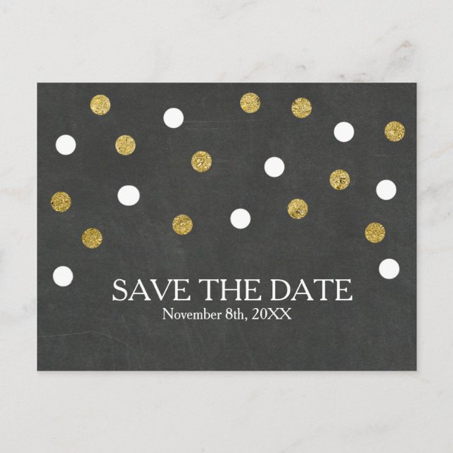 Chalkboard Gold & White Confetti Save the Date Ankündigungspostkarte (Vorderseite)