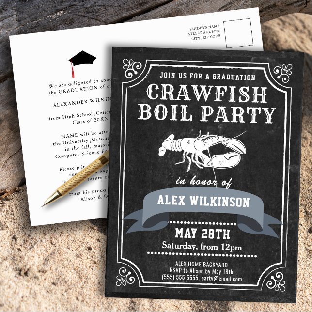 Chalkboard GRAD Crawfish Boil Party Einladung Postkarte (Von Creator hochgeladen)