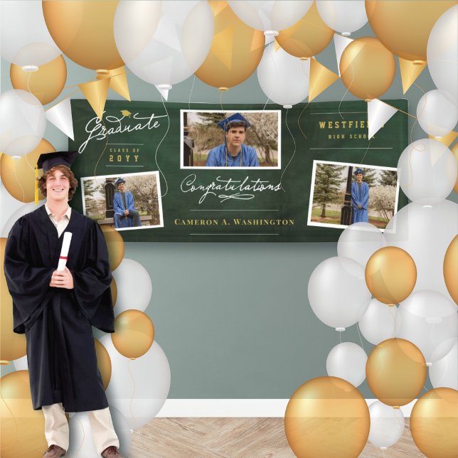 Chalkboard Graduate Script 3 Foto Grad Party Banner (Green Chalkboard Graduate Script 3 Photo Graduation Party Banner @ www.zazzle.com/color_therapy)